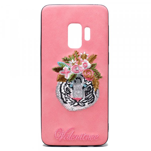 Wholesale Galaxy S9+ (Plus) Design Cloth Stitch Hybrid Case (Pink Tiger)
